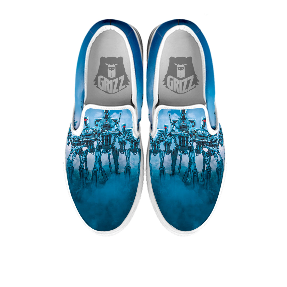 Robot Army Print White Slip On Shoes-grizzshop