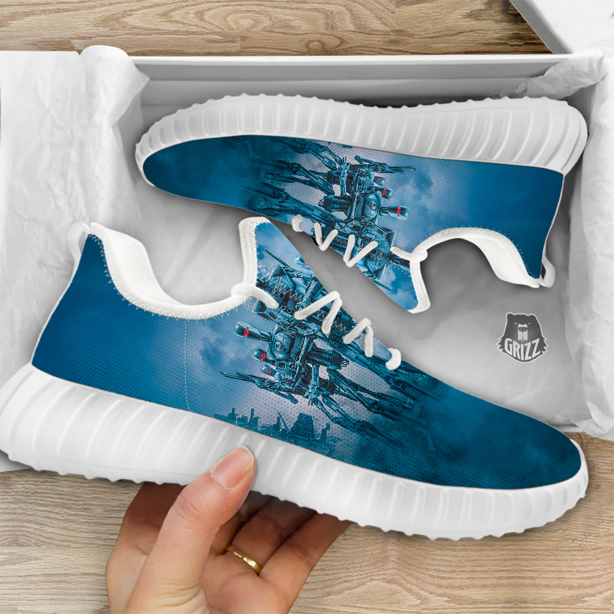 Robot Army Print White Walking Shoes-grizzshop