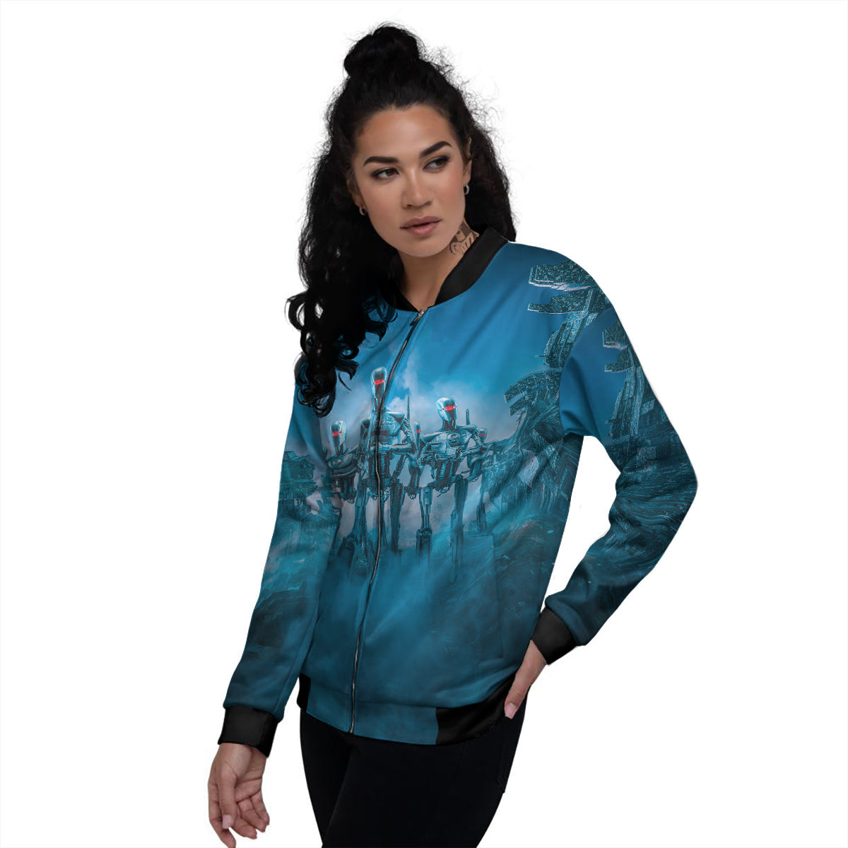 Robot Army Print Women's Bomber Jacket-grizzshop