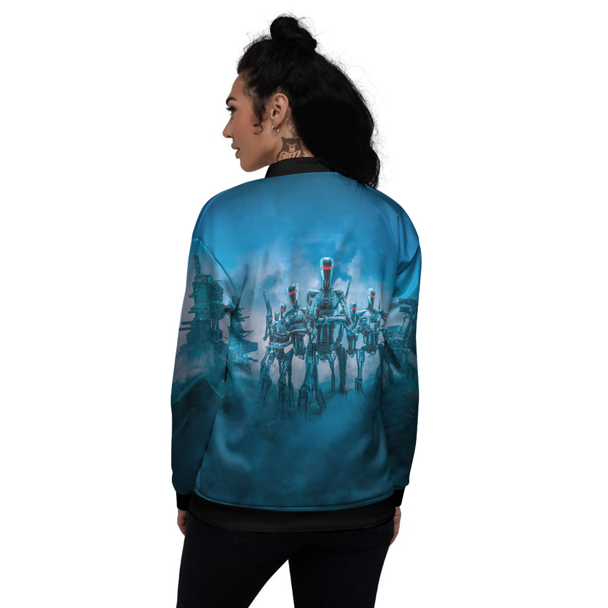 Robot Army Print Women's Bomber Jacket-grizzshop