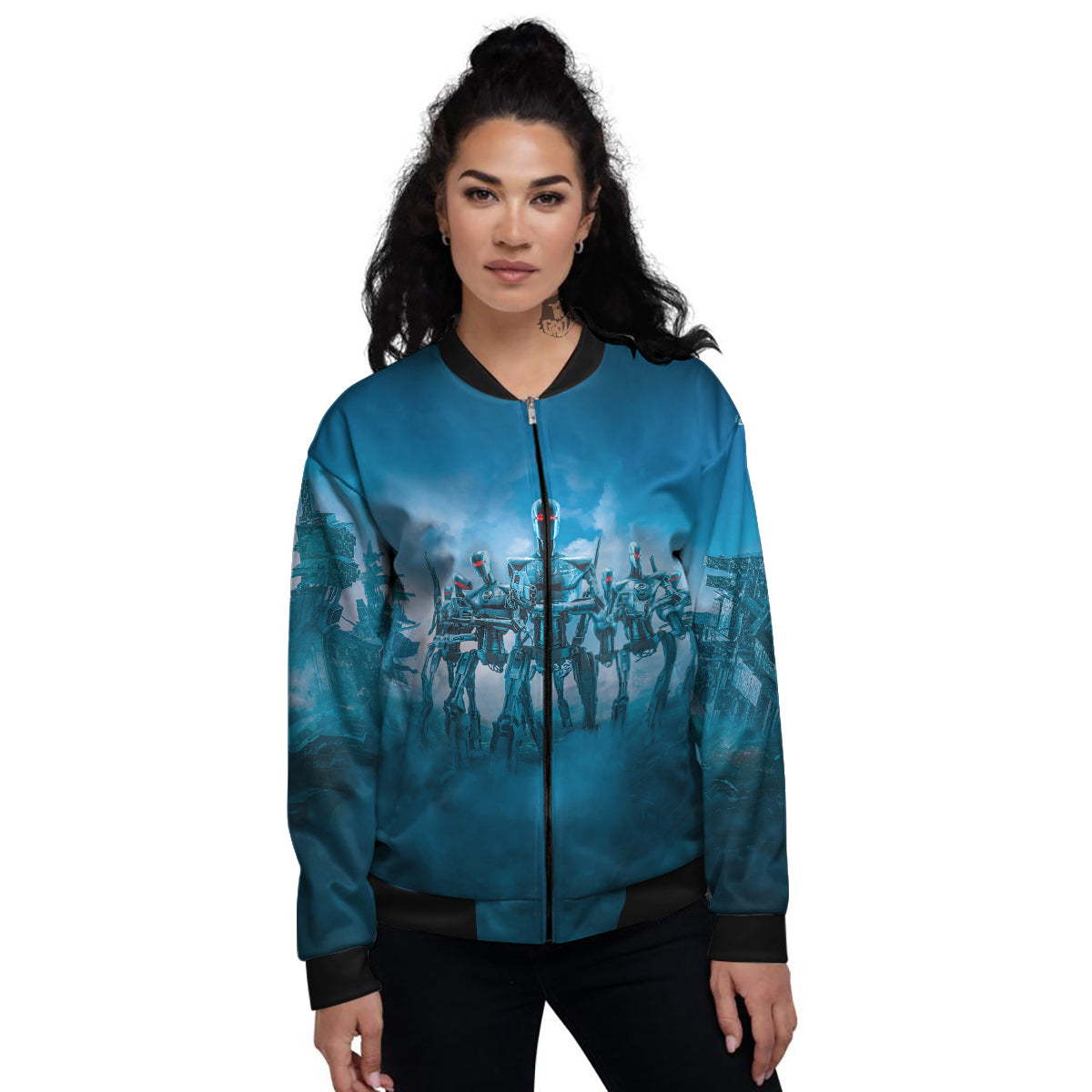 Robot Army Print Women's Bomber Jacket-grizzshop