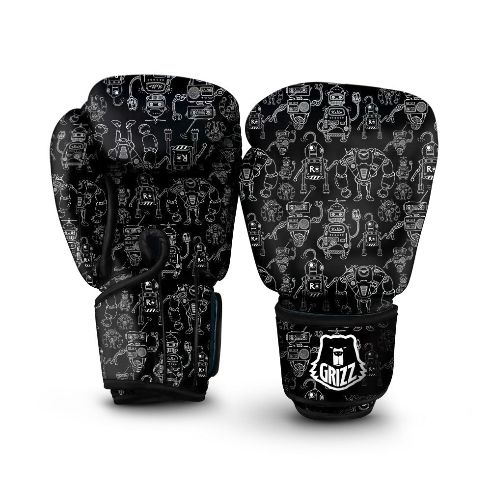 Robot Black And White Print Pattern Boxing Gloves-grizzshop