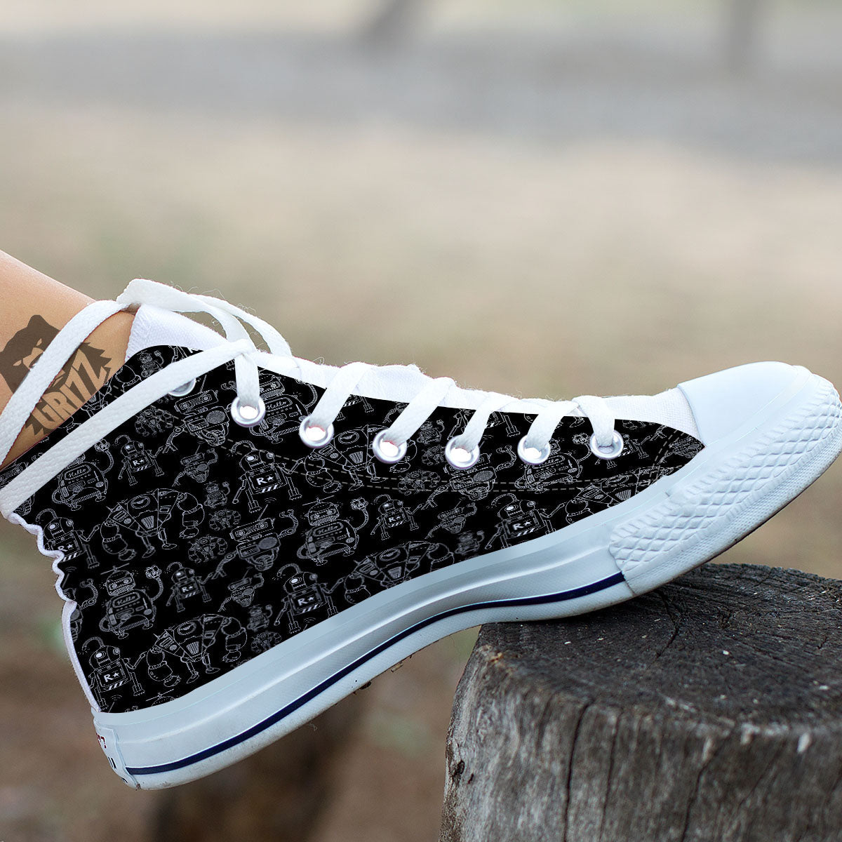 Robot Black And White Print Pattern White High Top Shoes-grizzshop