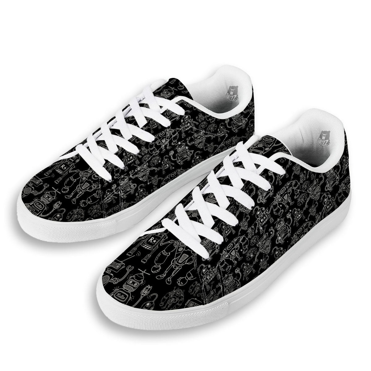 Robot Black And White Print Pattern White Low Top Sneakers-grizzshop