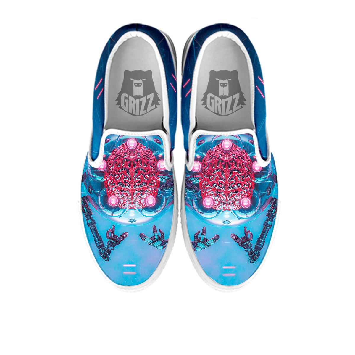 Robot Brain Machine Print White Slip On Shoes-grizzshop