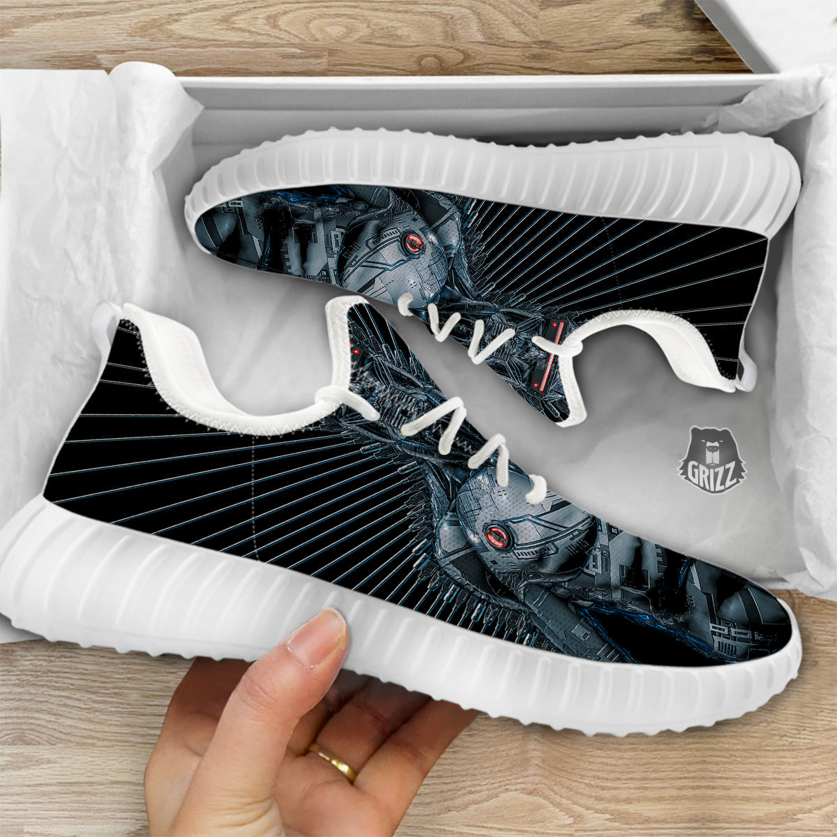 Robot Connection Print White Walking Shoes-grizzshop