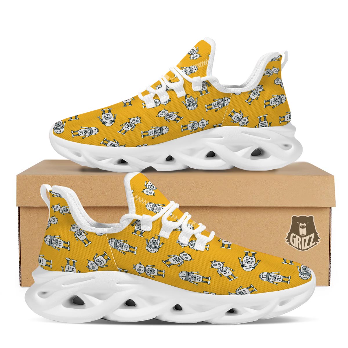 Robot Servant Print Pattern White Running Shoes-grizzshop