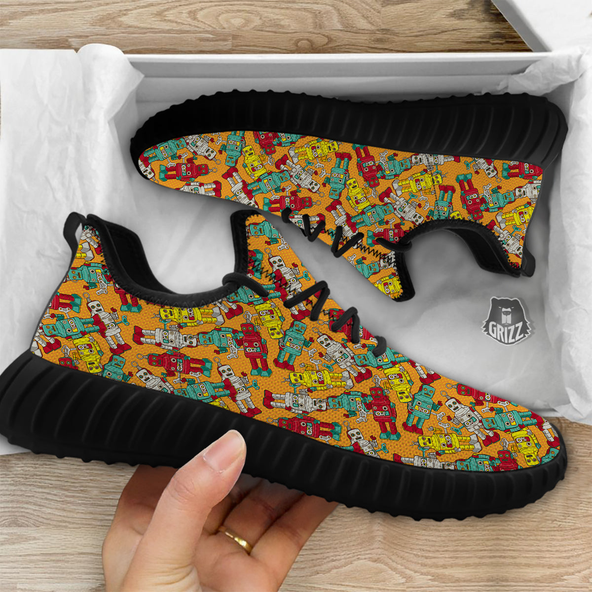 Robot Toy Vintage Print Pattern Black Walking Shoes-grizzshop