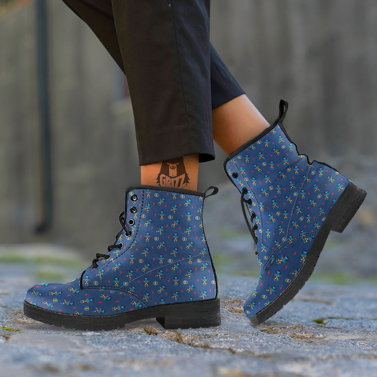 Robot Vintage Print Pattern Leather Boots-grizzshop