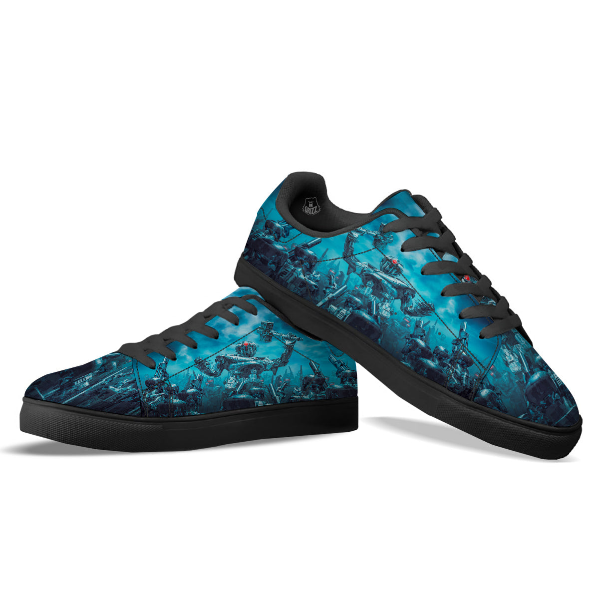 Robot War Print Black Low Top Sneakers-grizzshop