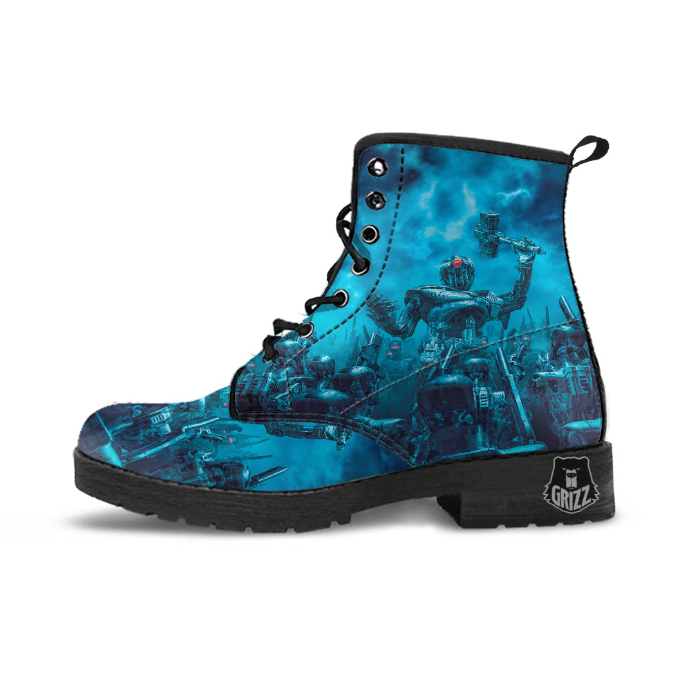 Robot War Print Leather Boots-grizzshop