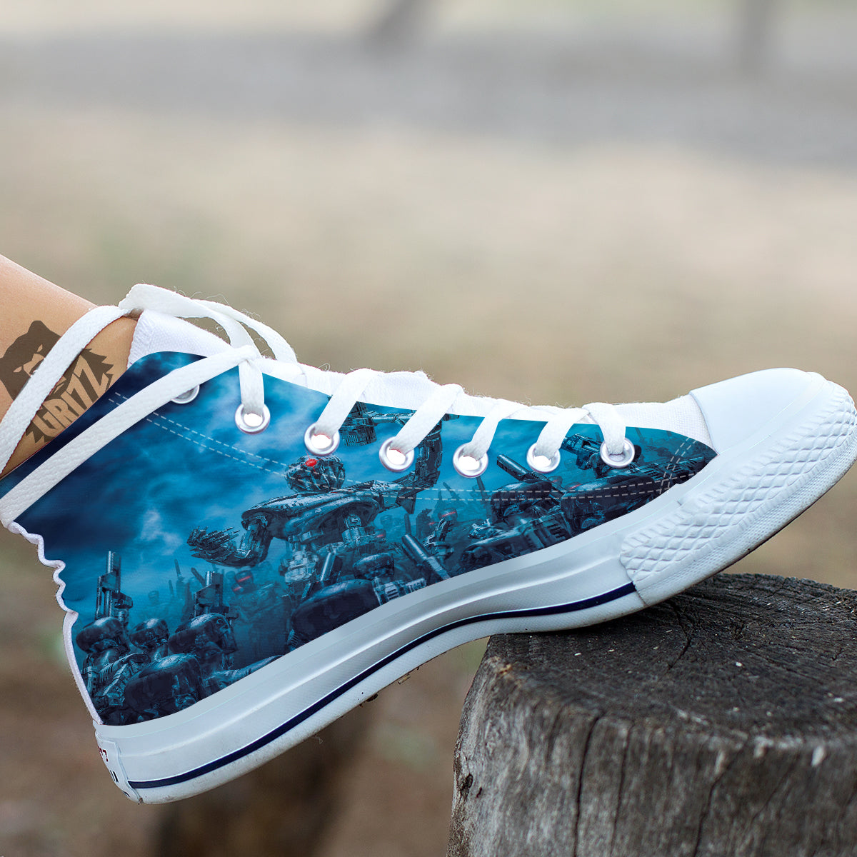 Robot War Print White High Top Shoes-grizzshop