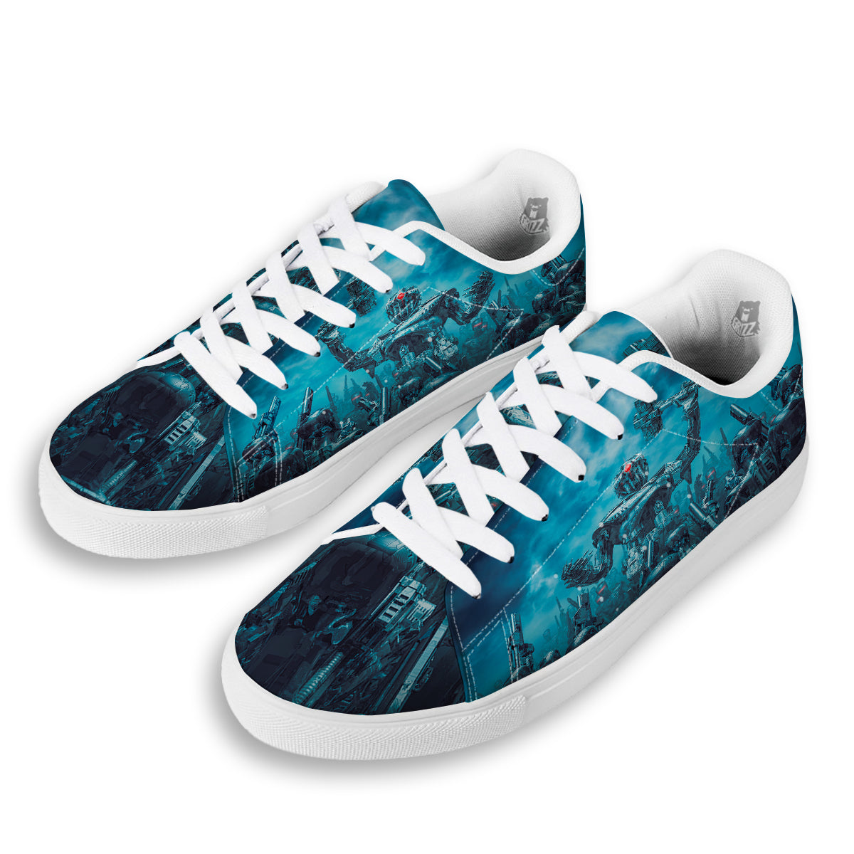 Robot War Print White Low Top Sneakers-grizzshop