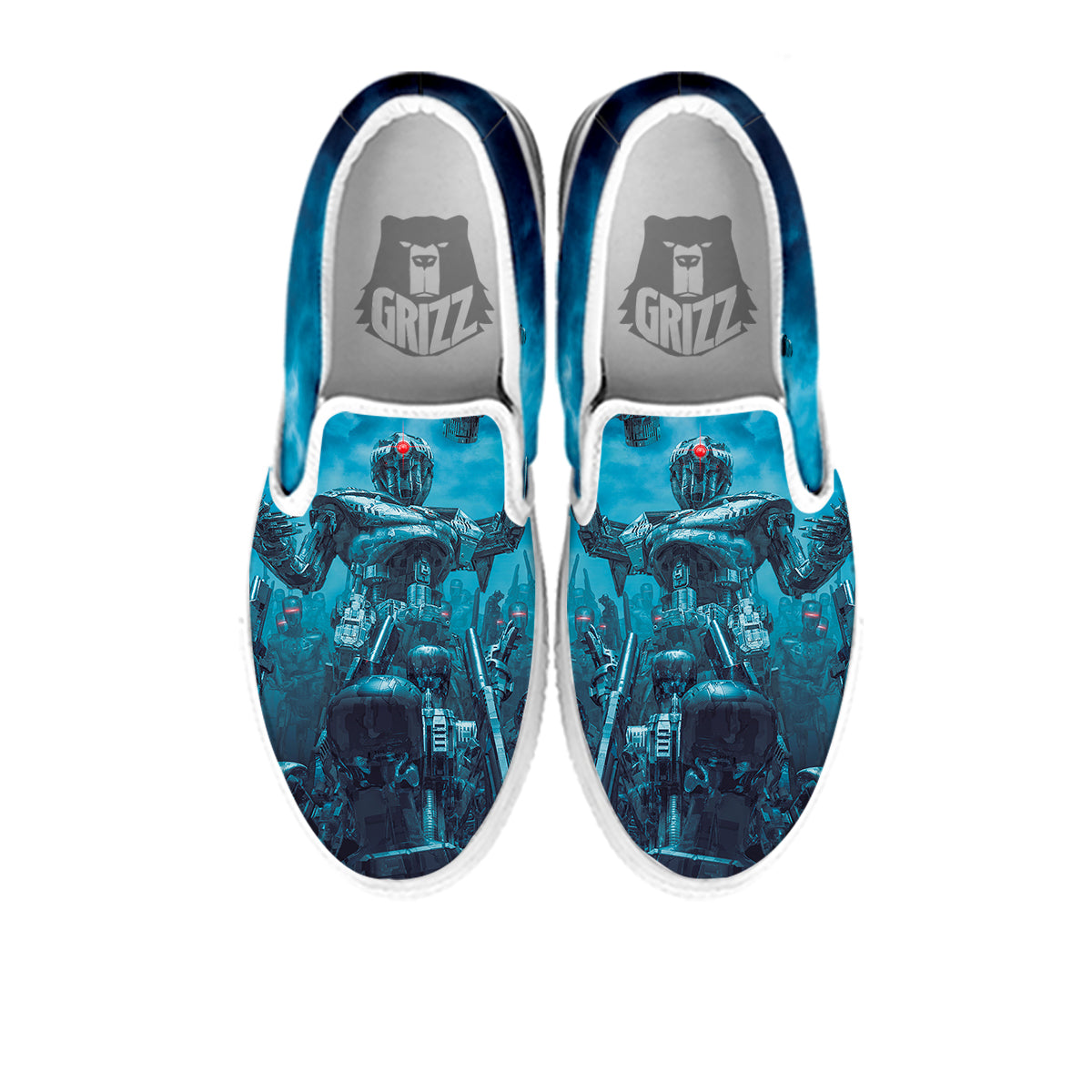Robot War Print White Slip On Shoes-grizzshop
