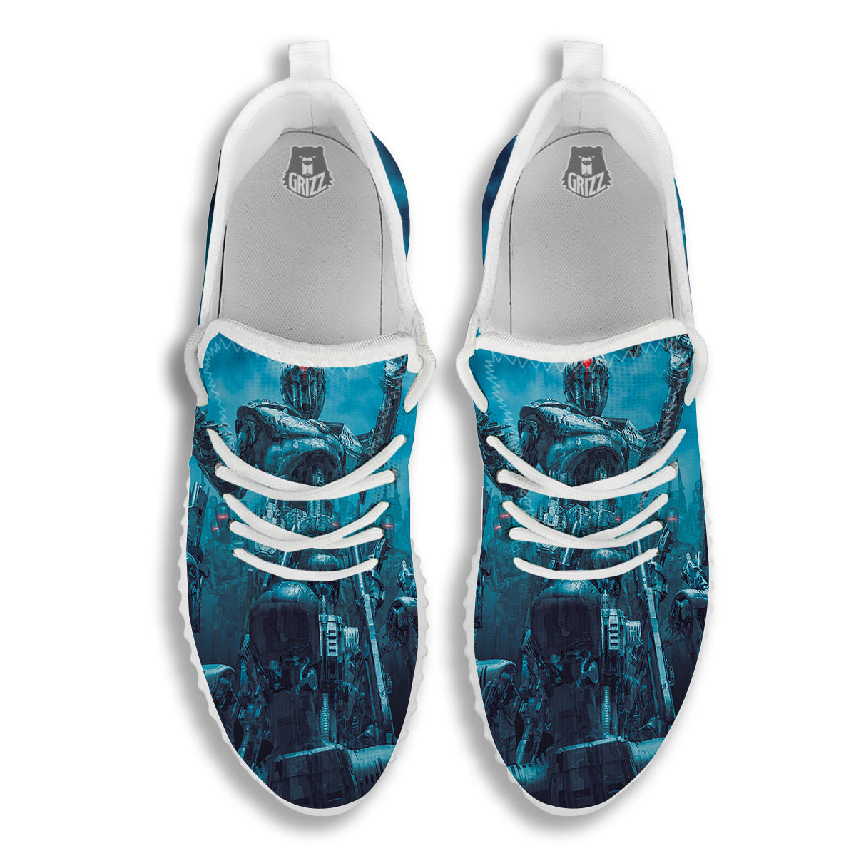 Robot War Print White Walking Shoes-grizzshop