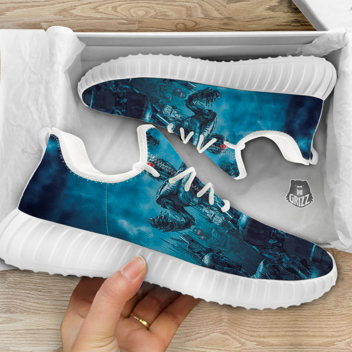 Robot War Print White Walking Shoes-grizzshop