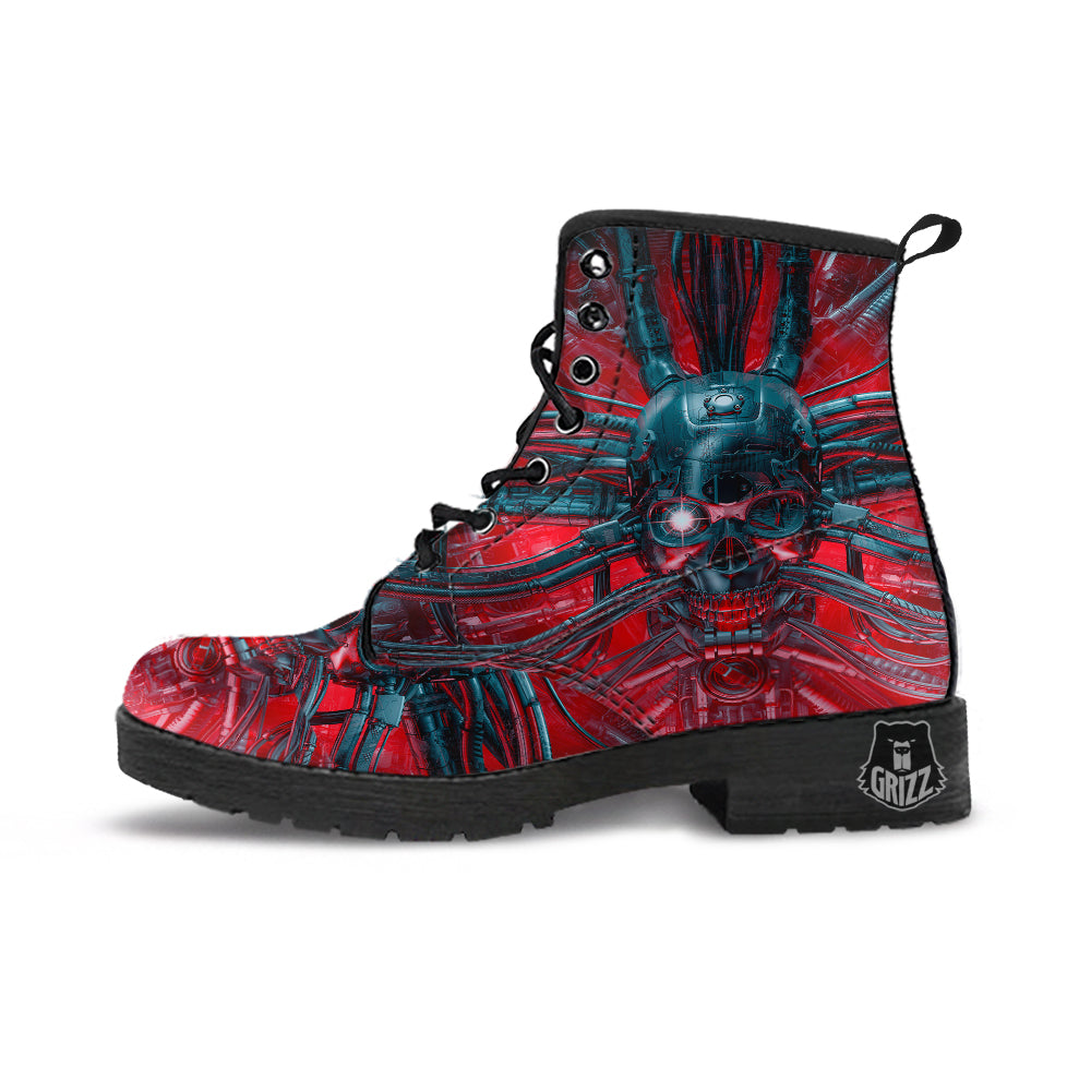 Robotic Skull Print Leather Boots-grizzshop