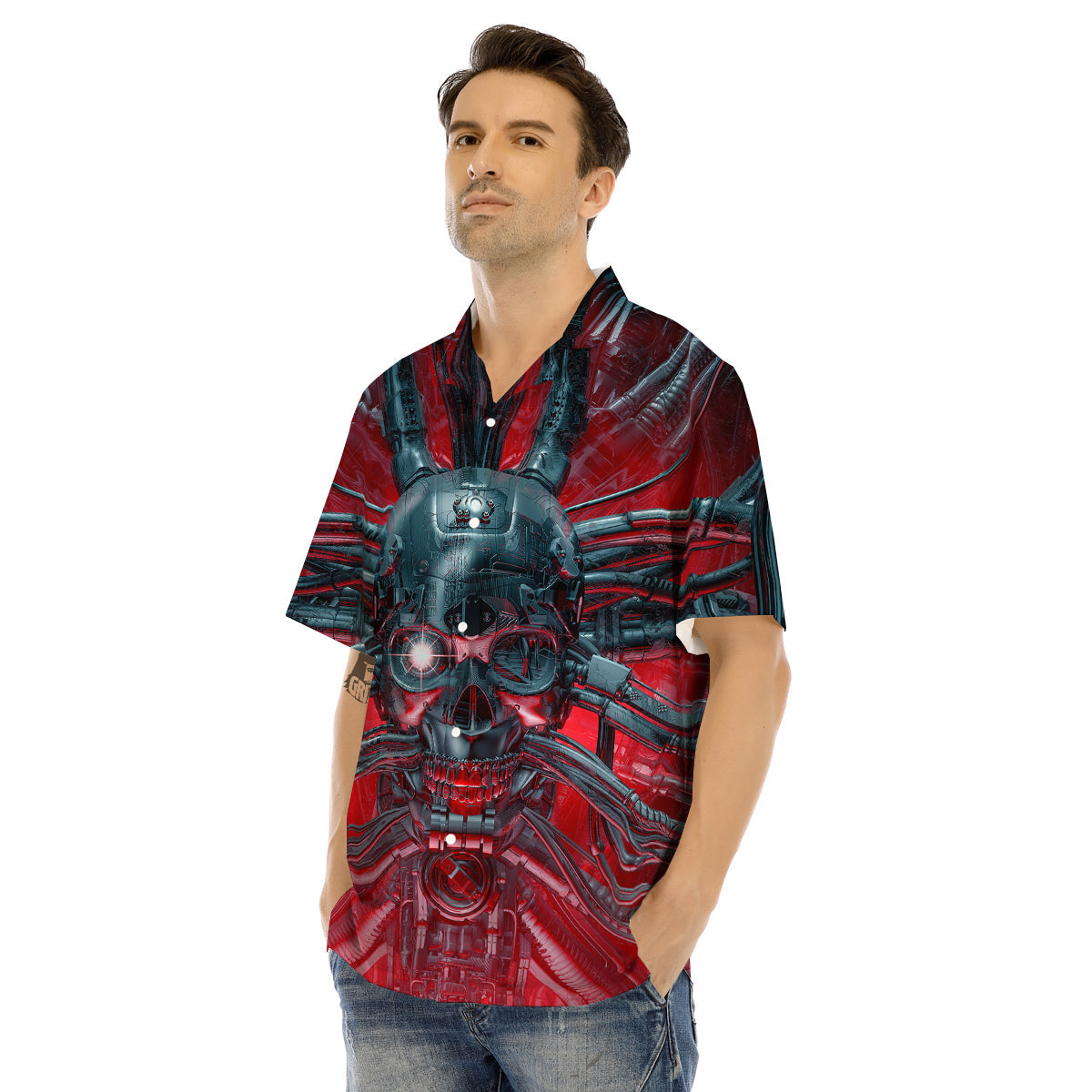 Robotic Skull Print Men's Hawaiian Shirt-grizzshop