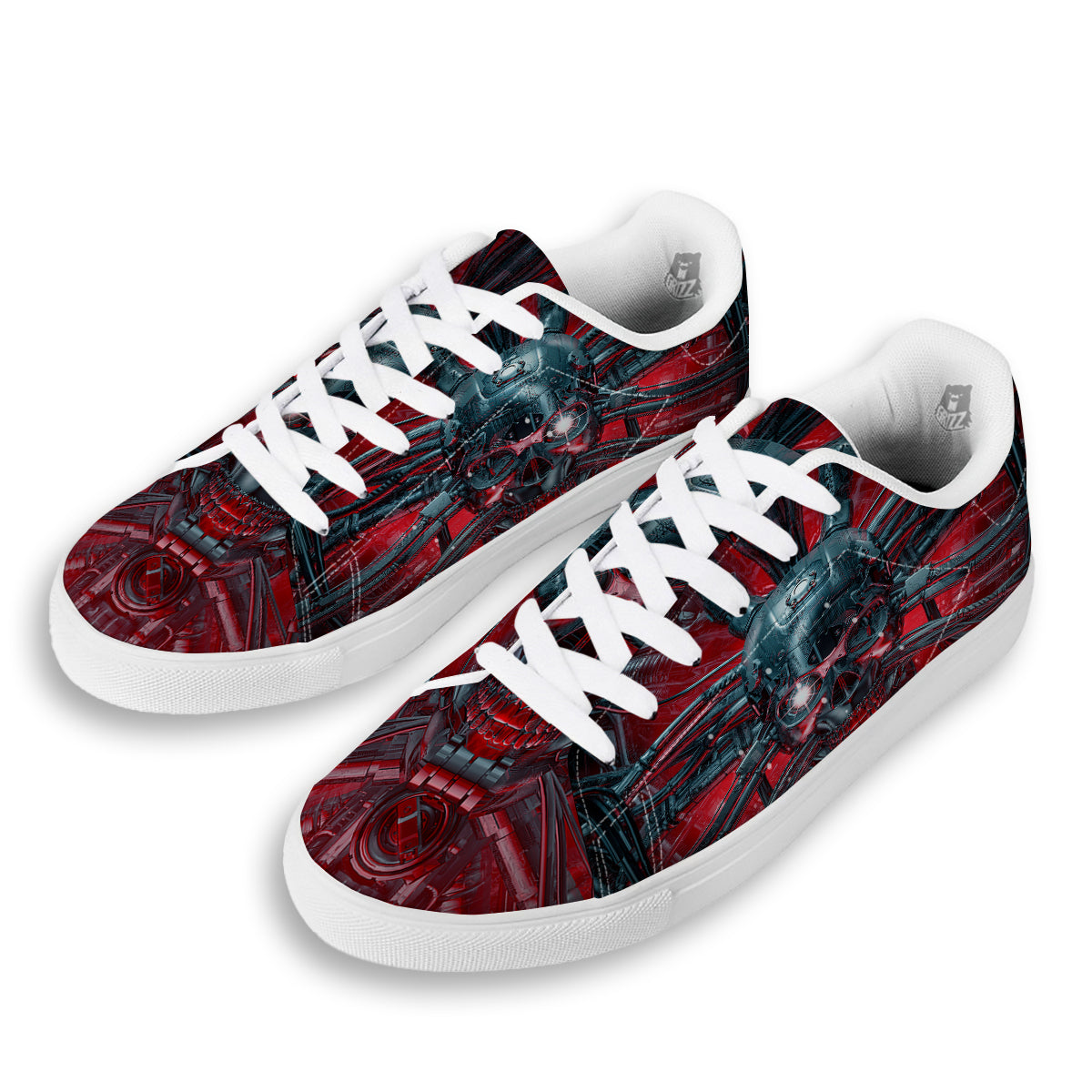 Robotic Skull Print White Low Top Sneakers-grizzshop