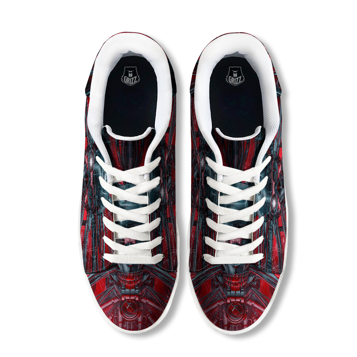 Robotic Skull Print White Low Top Sneakers-grizzshop