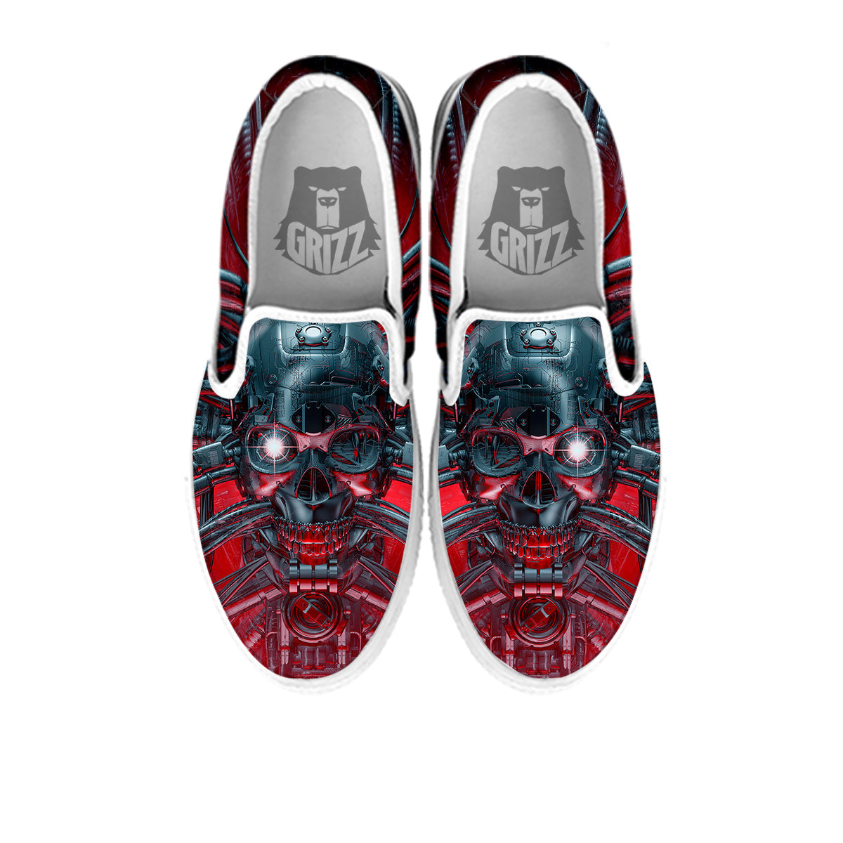 Robotic Skull Print White Slip On Shoes-grizzshop