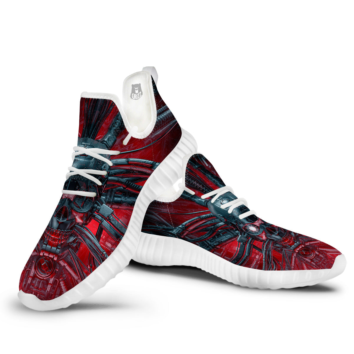 Robotic Skull Print White Walking Shoes-grizzshop