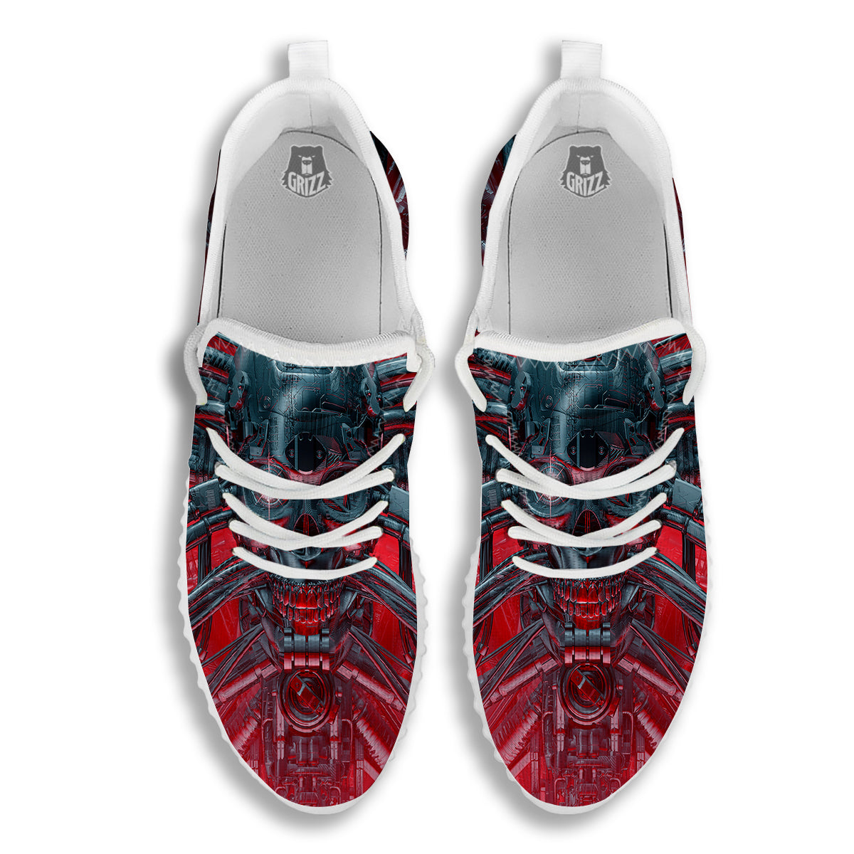 Robotic Skull Print White Walking Shoes-grizzshop
