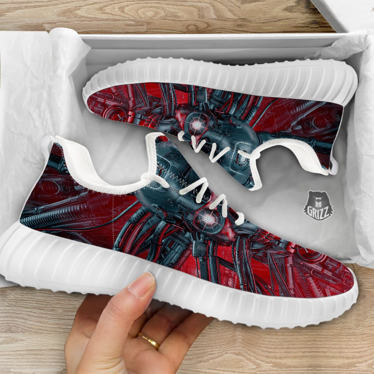 Robotic Skull Print White Walking Shoes-grizzshop