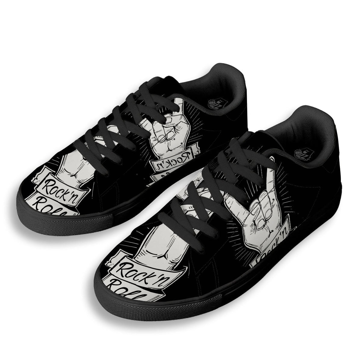 Rock And Roll White And Black Print Black Low Top Sneakers-grizzshop