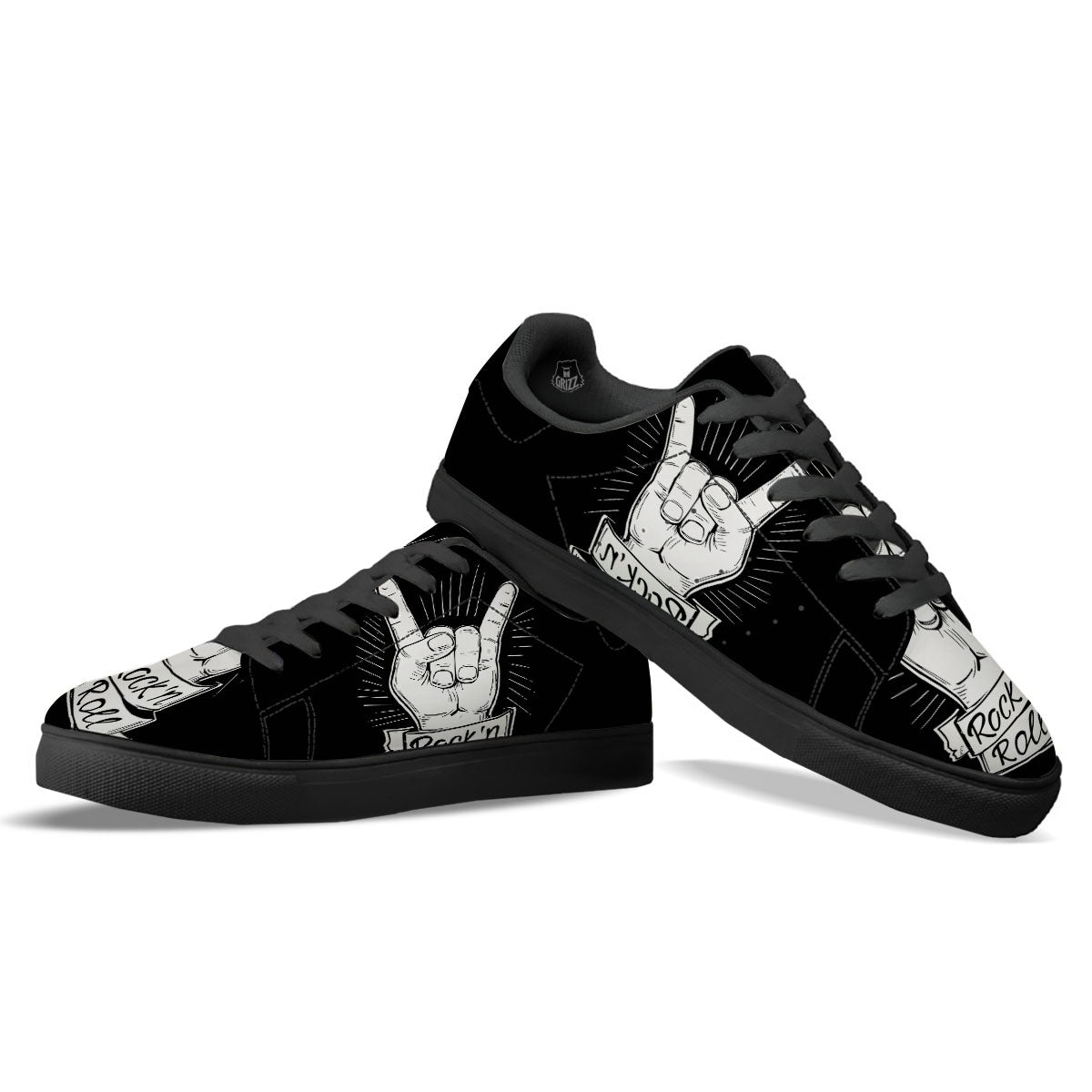 Rock And Roll White And Black Print Black Low Top Sneakers-grizzshop