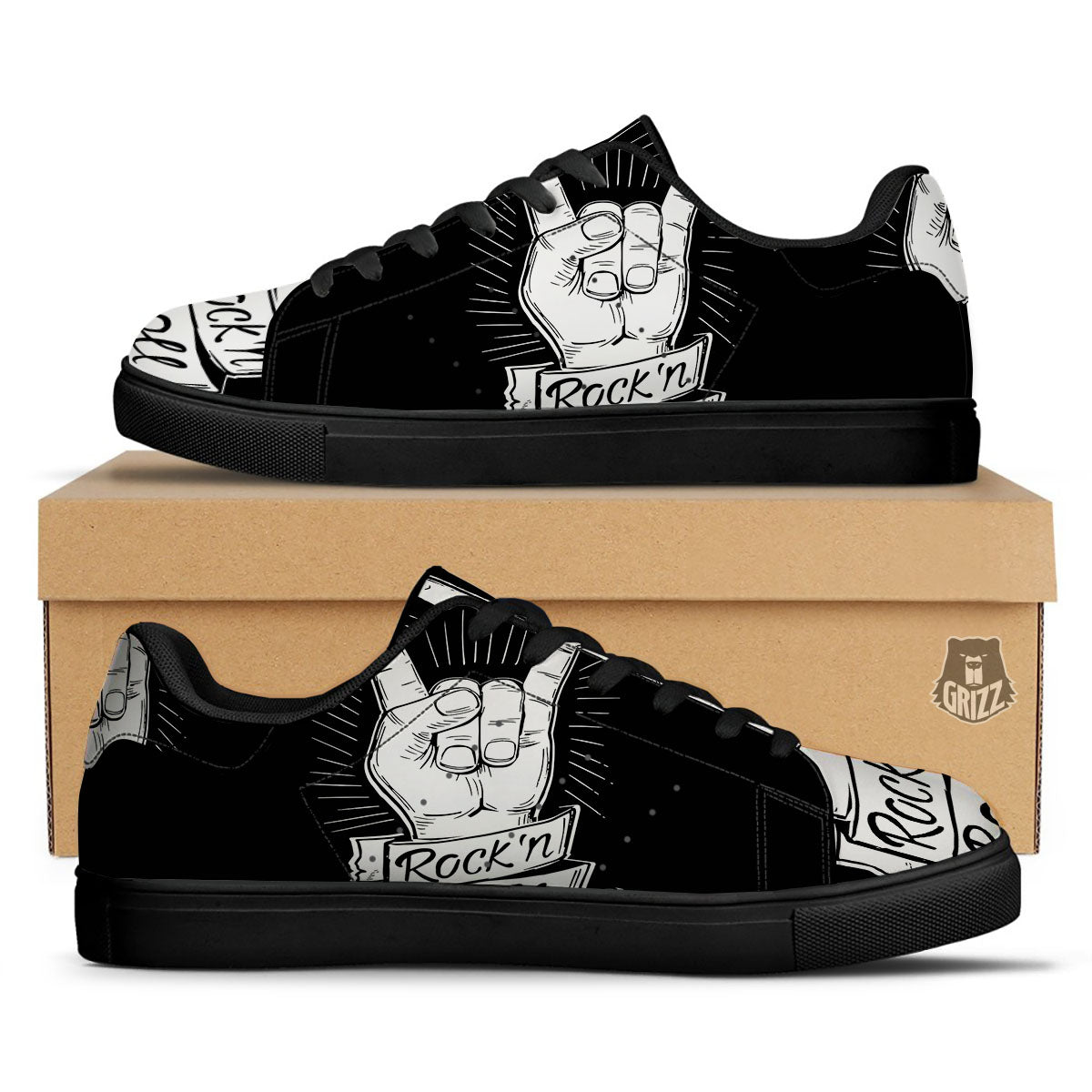Rock And Roll White And Black Print Black Low Top Sneakers-grizzshop