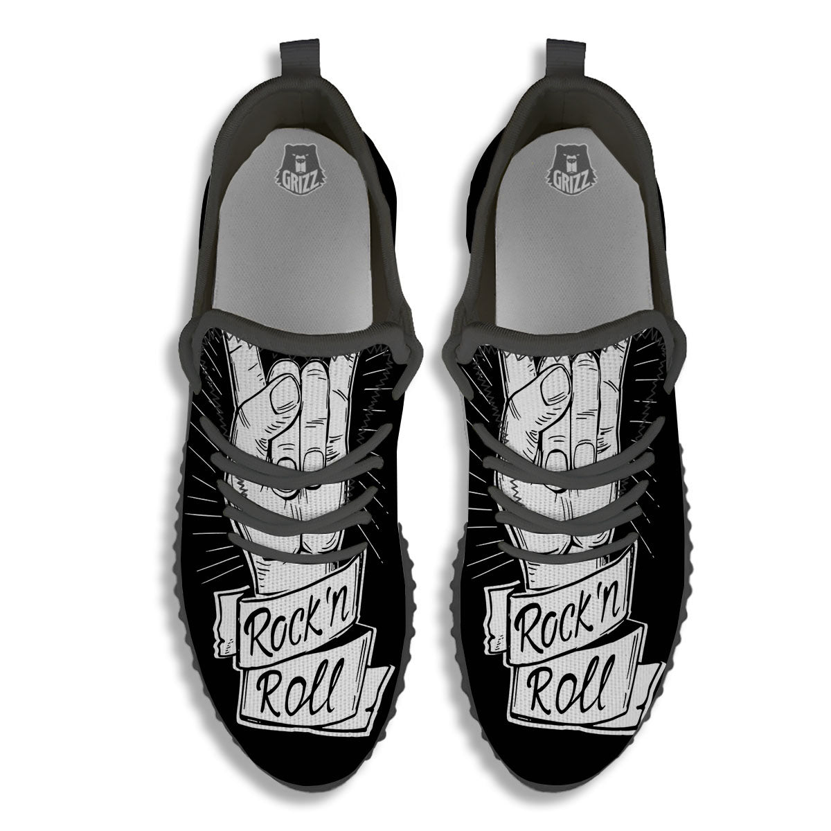 Rock And Roll White And Black Print Black Walking Shoes-grizzshop