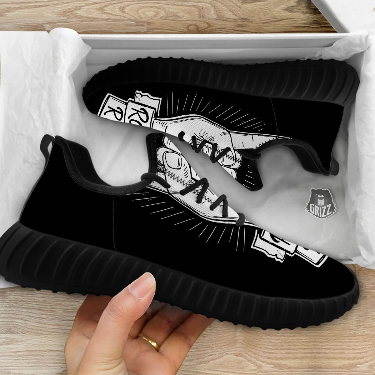 Rock And Roll White And Black Print Black Walking Shoes-grizzshop