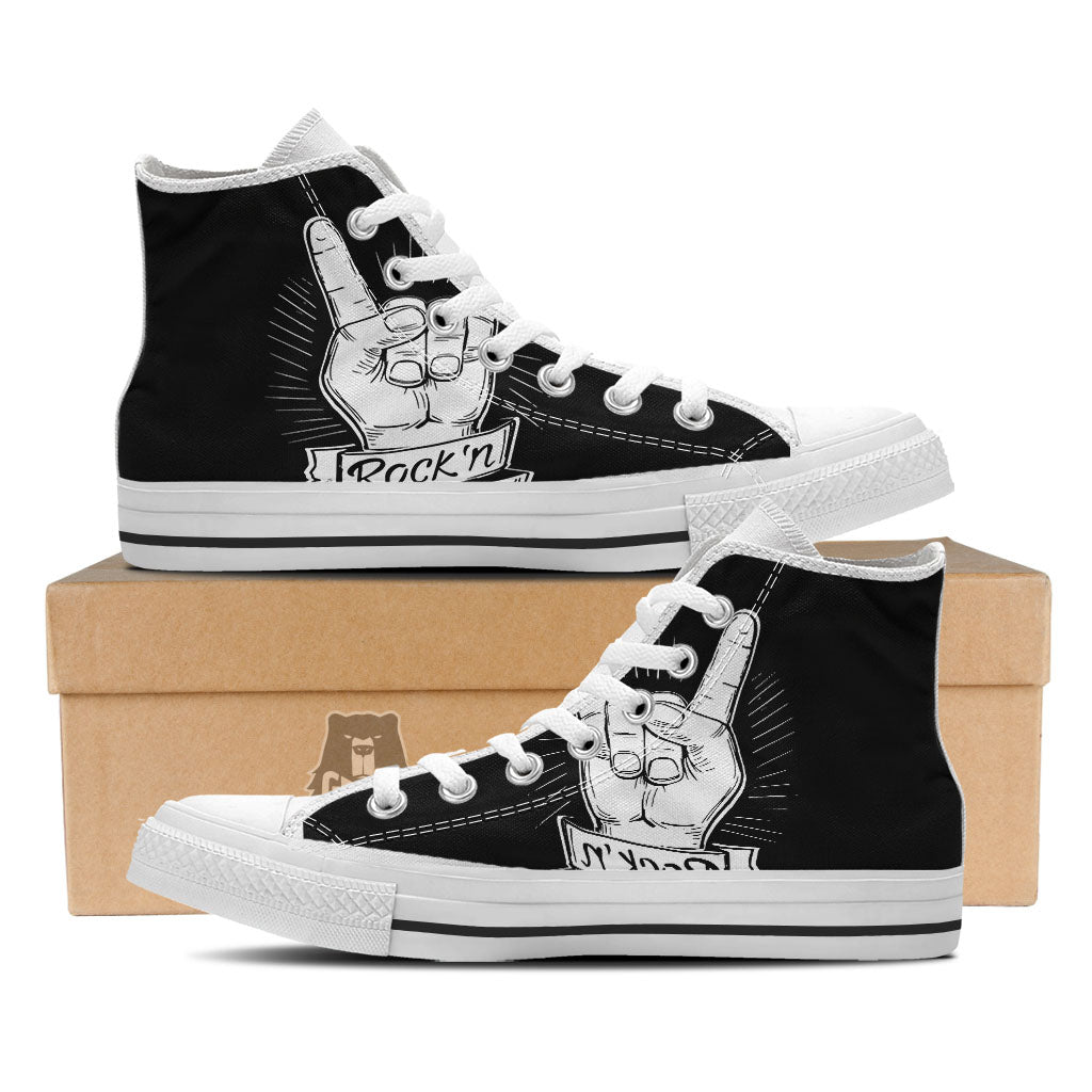 Rock And Roll White And Black Print White High Top Shoes-grizzshop