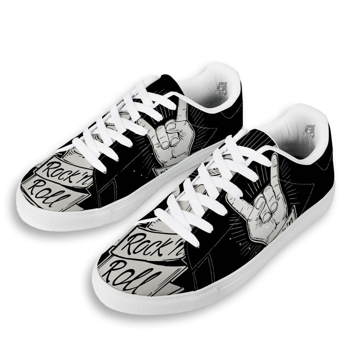 Rock And Roll White And Black Print White Low Top Sneakers-grizzshop