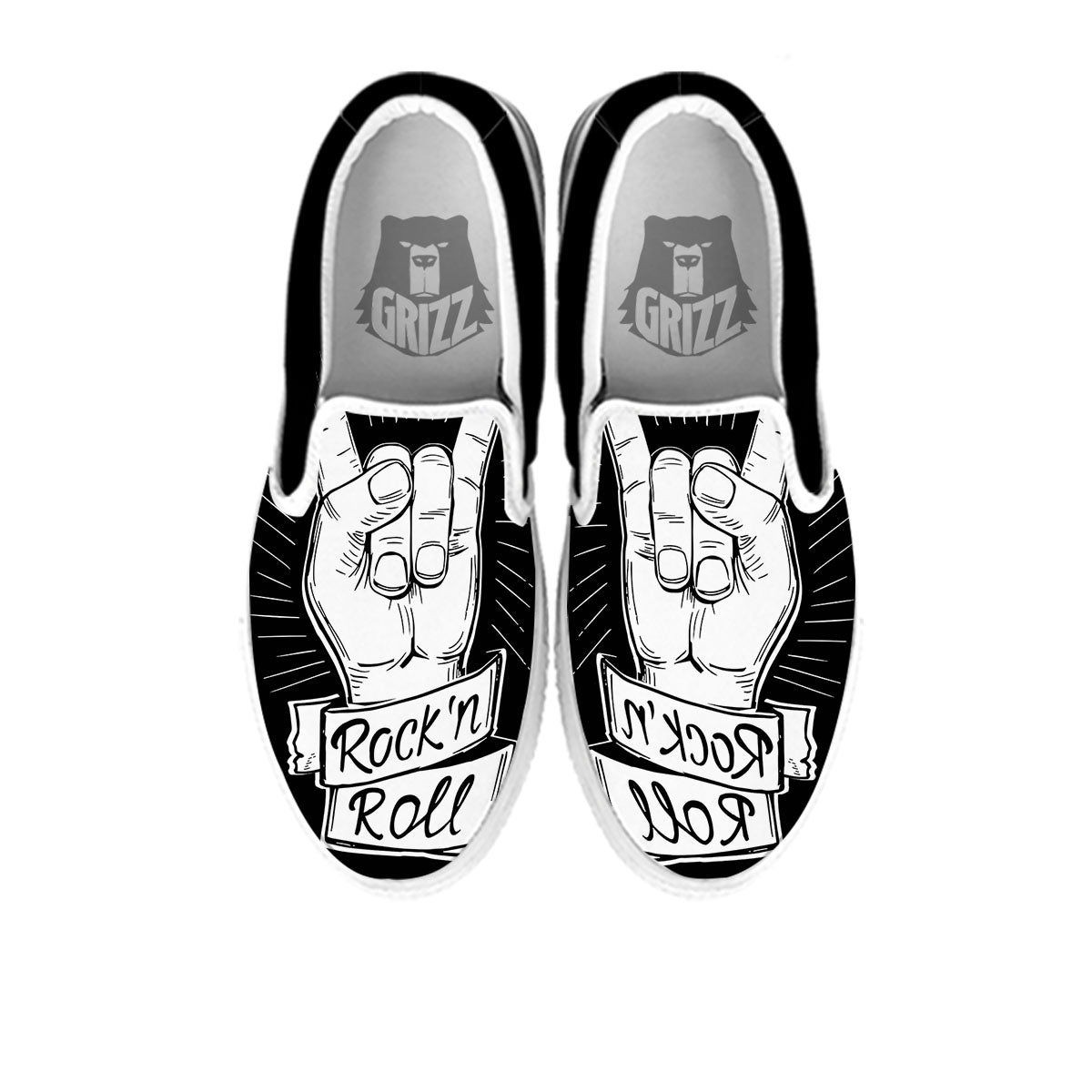 Rock And Roll White And Black Print White Slip On Shoes-grizzshop