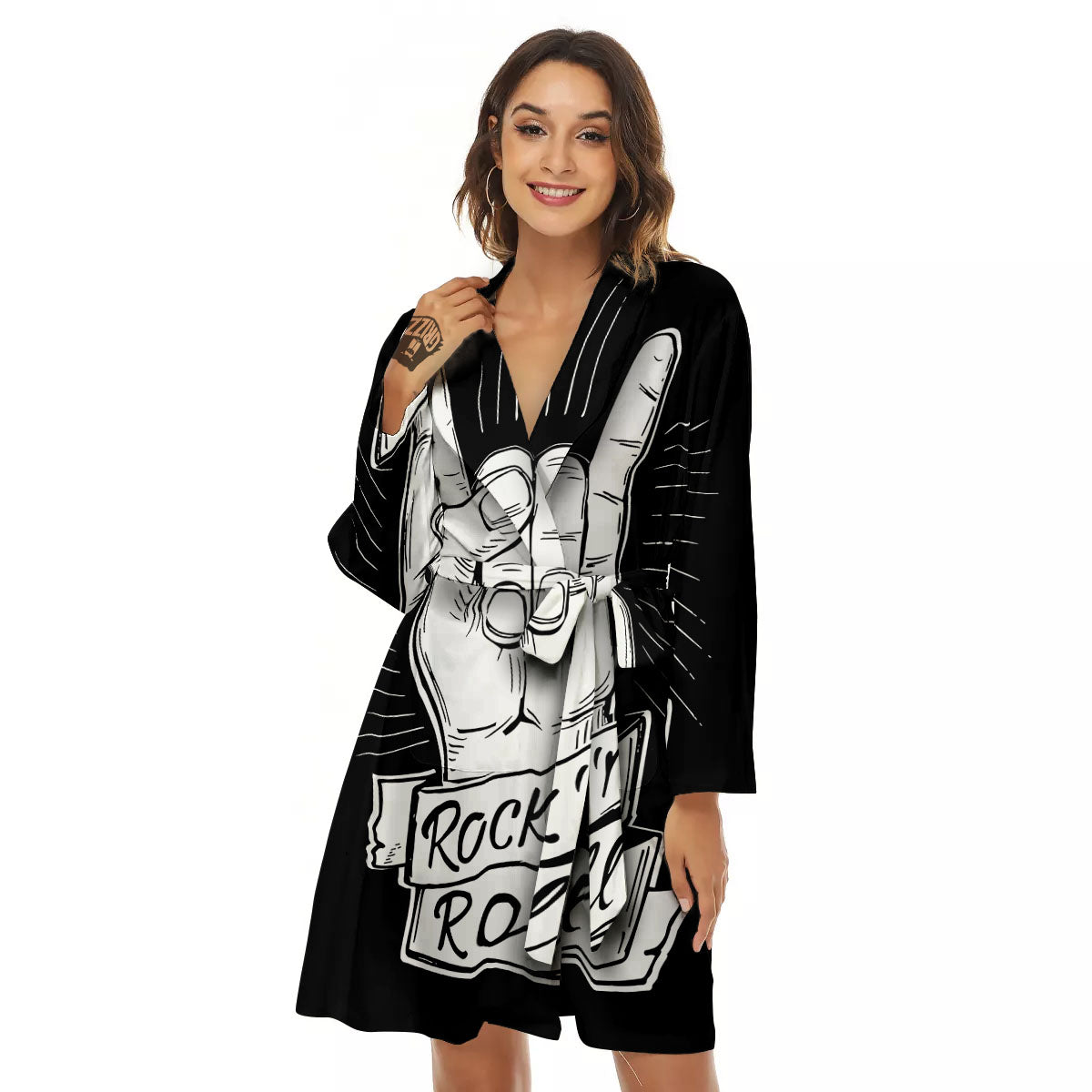 Rock And Roll White And Black Print Women's Robe-grizzshop