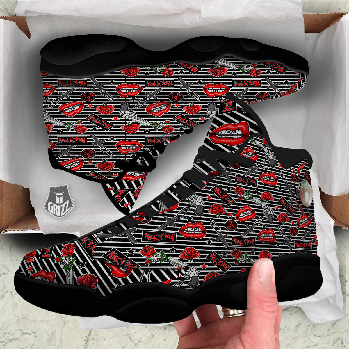 Rock’N’Roll Stiped Black White Print Pattern Black Basketball Shoes-grizzshop