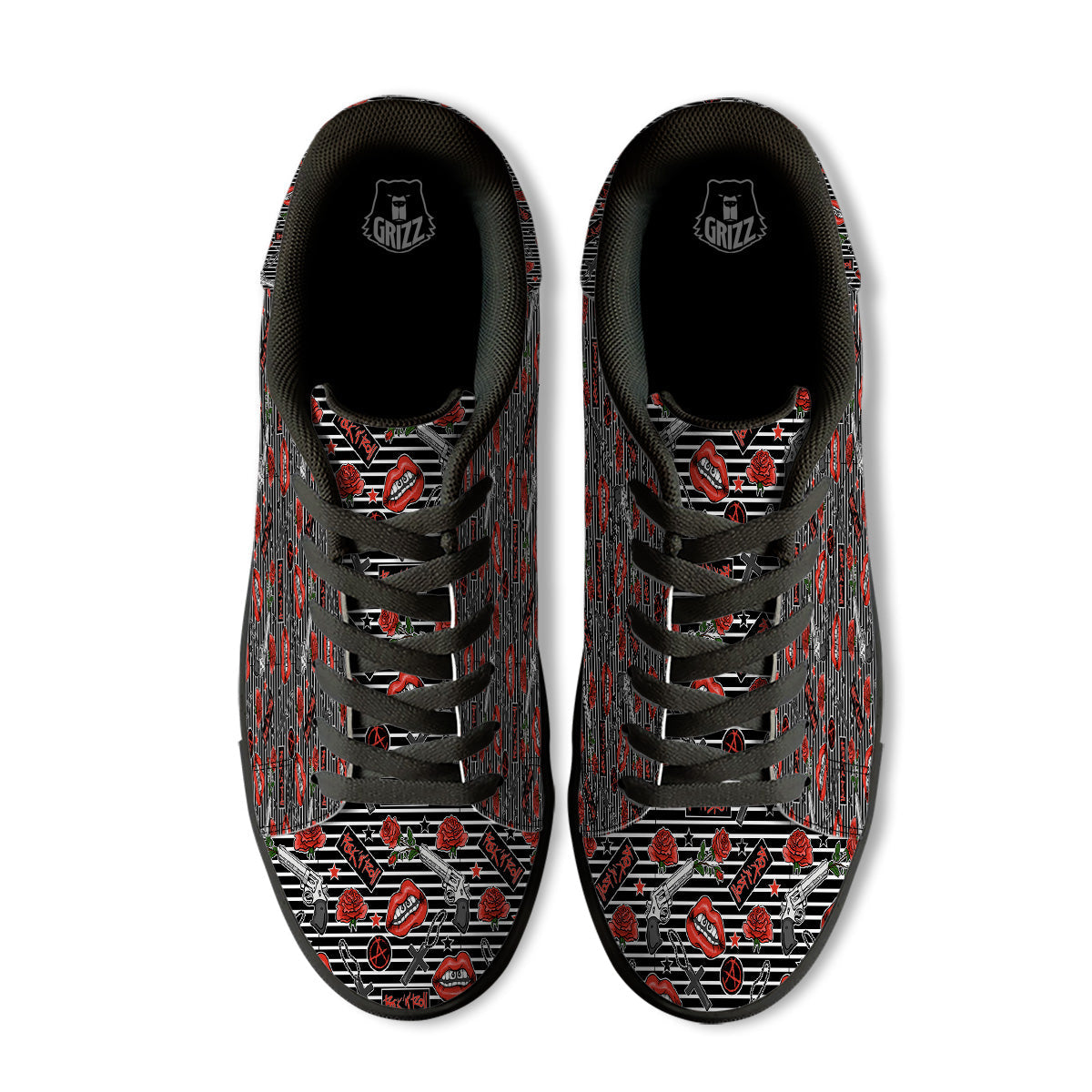 Rock’N’Roll Stiped Black White Print Pattern Black Low Top Sneakers-grizzshop