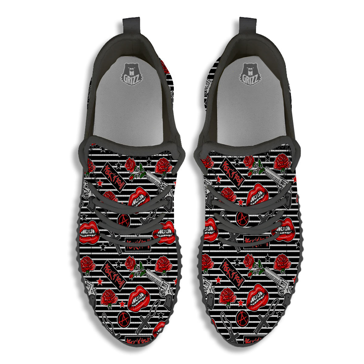 Rock’N’Roll Stiped Black White Print Pattern Black Walking Shoes-grizzshop