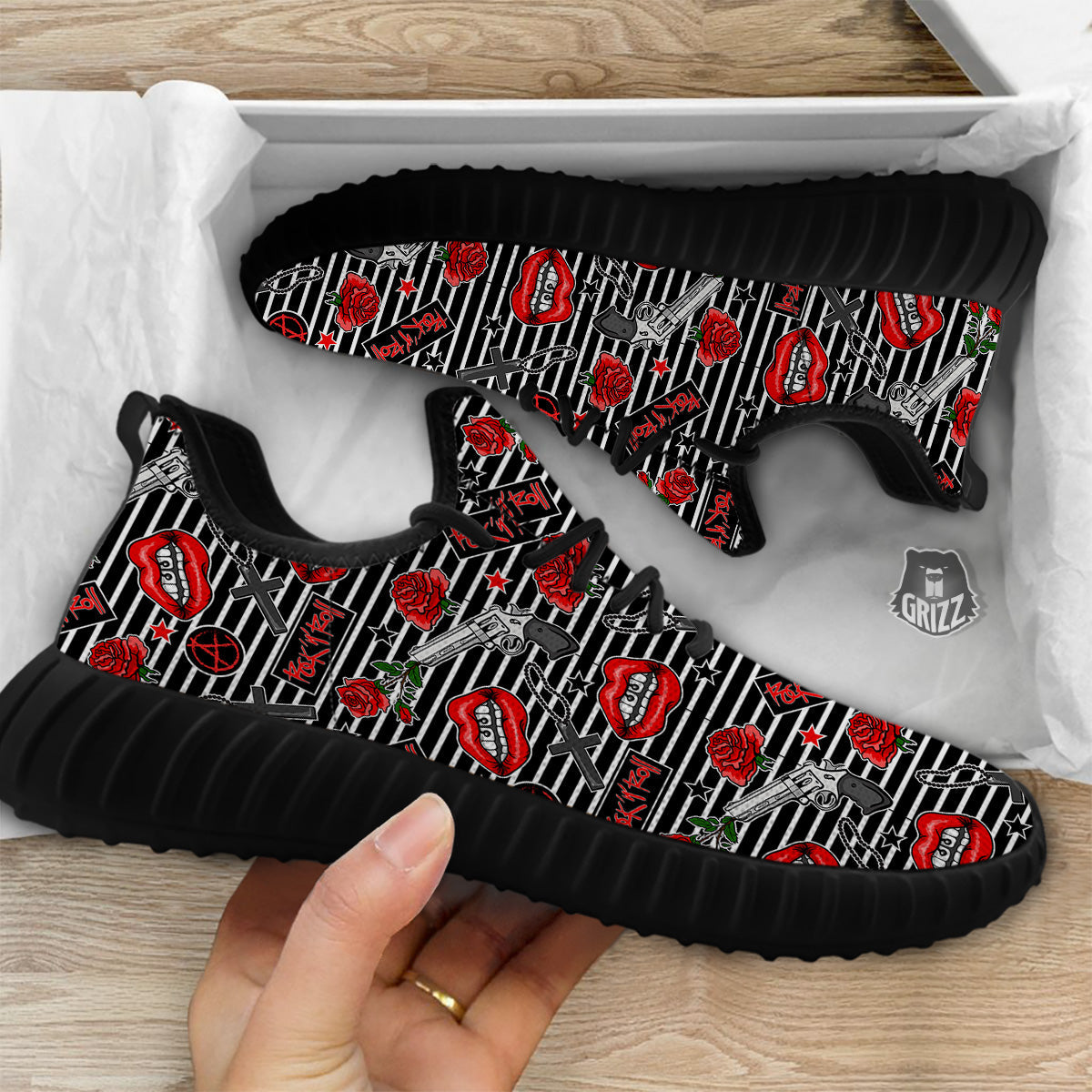 Rock’N’Roll Stiped Black White Print Pattern Black Walking Shoes-grizzshop