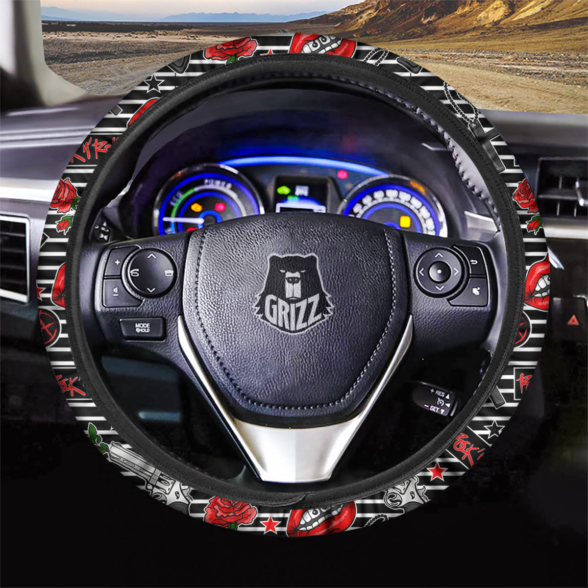 Rock’N’Roll Stiped Black White Print Pattern Car Steering Wheel Cover-grizzshop