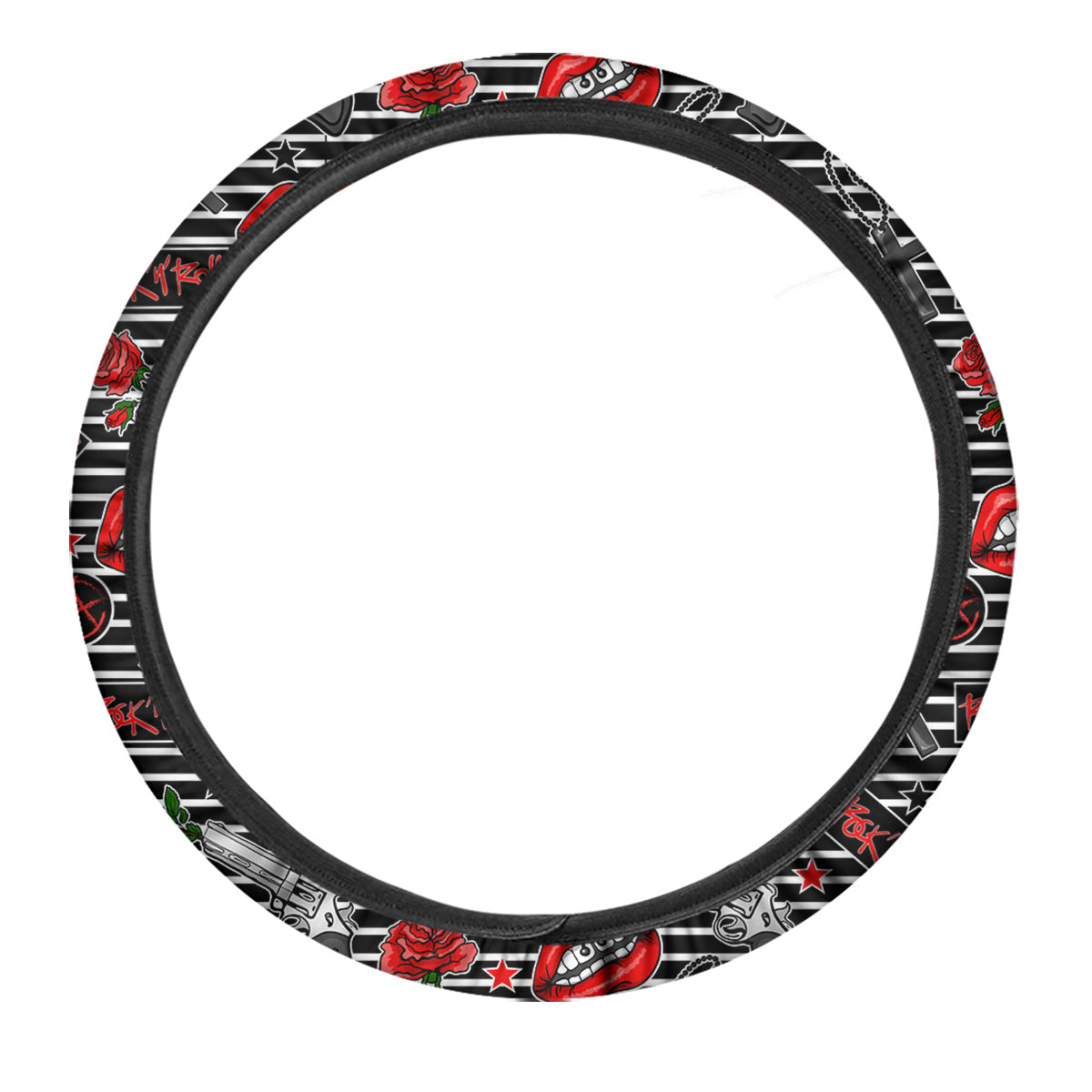 Rock’N’Roll Stiped Black White Print Pattern Car Steering Wheel Cover-grizzshop