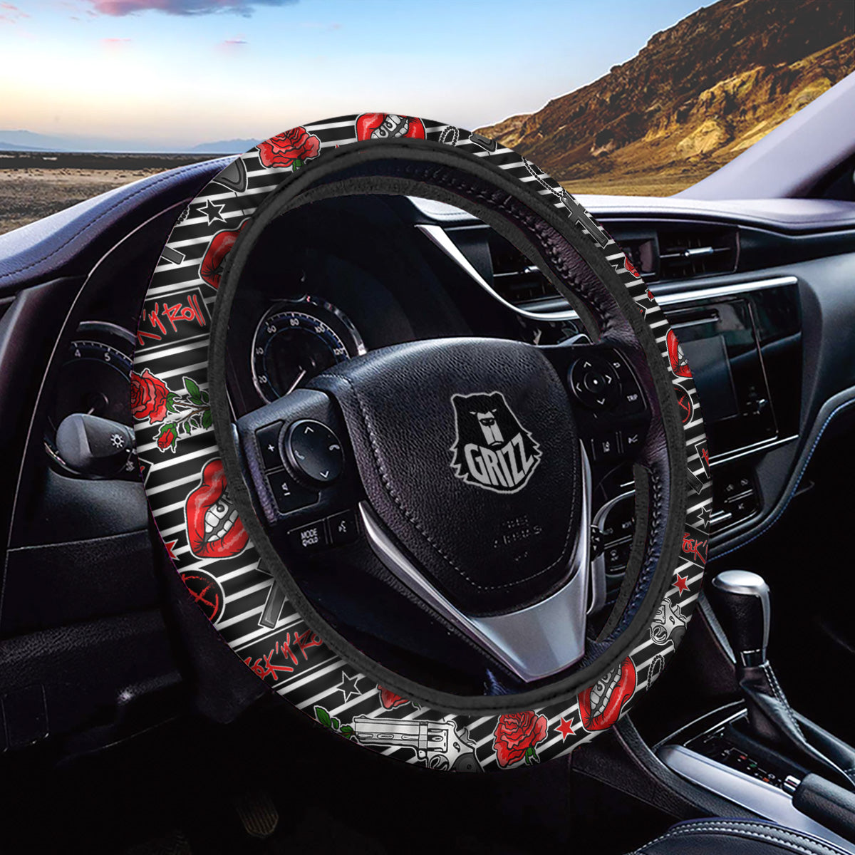 Rock’N’Roll Stiped Black White Print Pattern Car Steering Wheel Cover-grizzshop