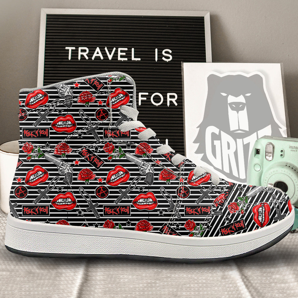 Rock’N’Roll Stiped Black White Print Pattern High Top Sneakers-grizzshop