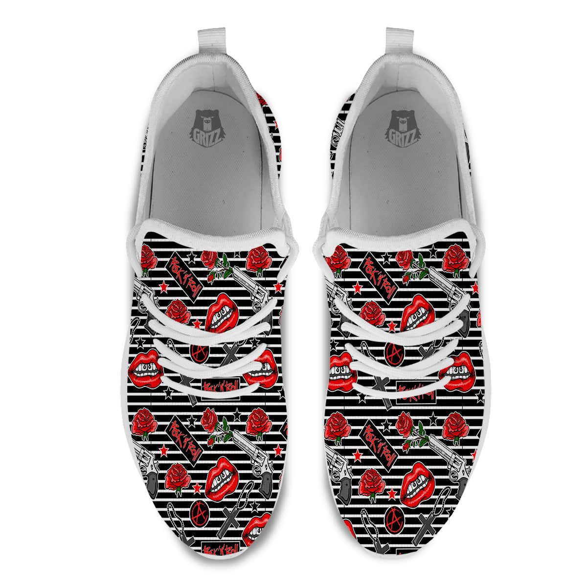 Rock’N’Roll Stiped Black White Print Pattern White Athletic Shoes-grizzshop