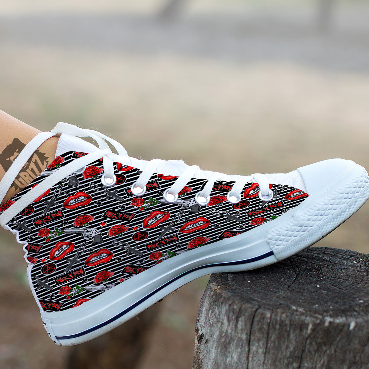 Rock’N’Roll Stiped Black White Print Pattern White High Top Shoes-grizzshop