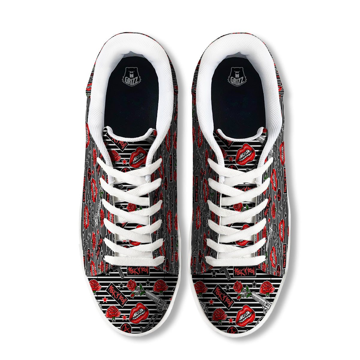 Rock’N’Roll Stiped Black White Print Pattern White Low Top Sneakers-grizzshop
