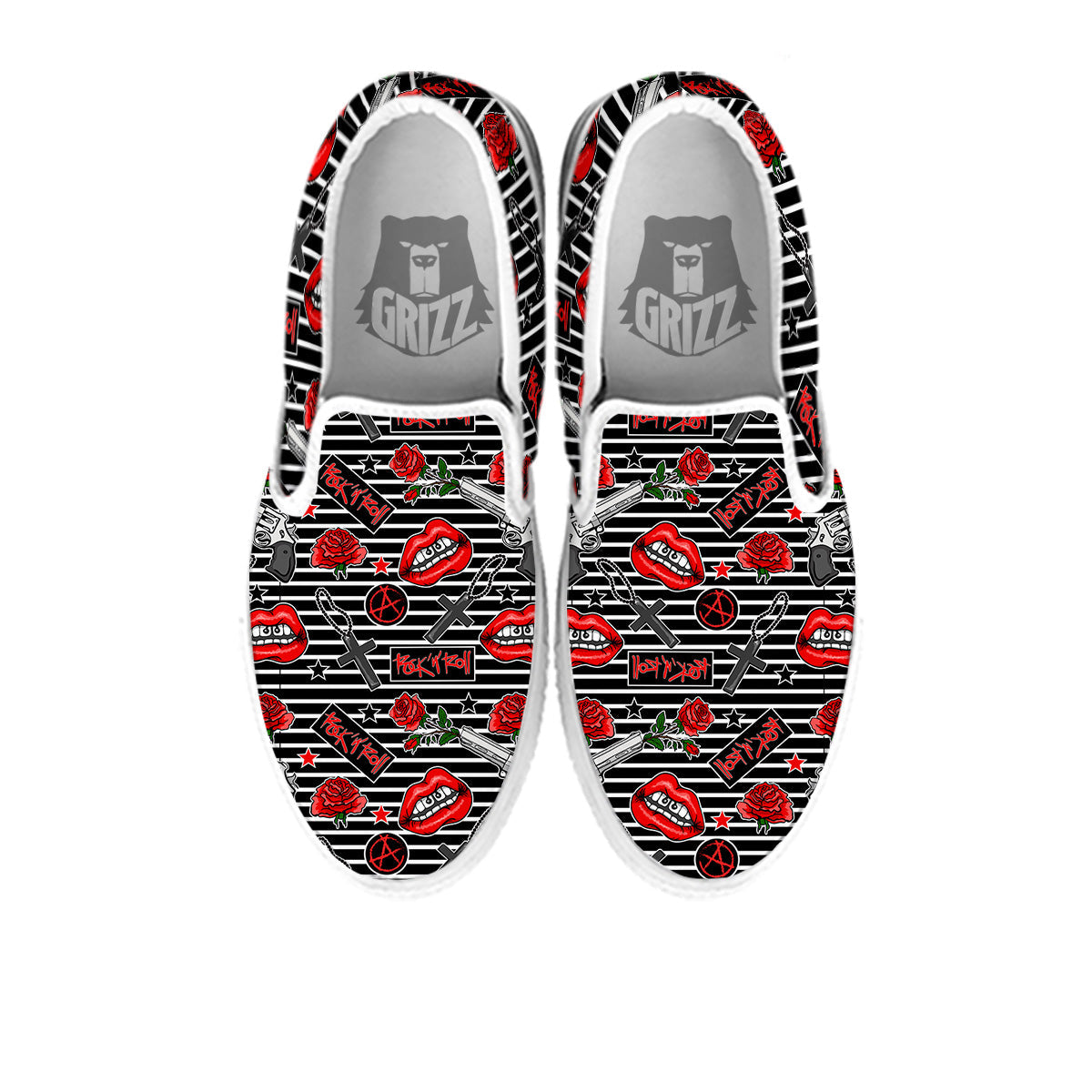 Rock’N’Roll Stiped Black White Print Pattern White Slip On Shoes-grizzshop