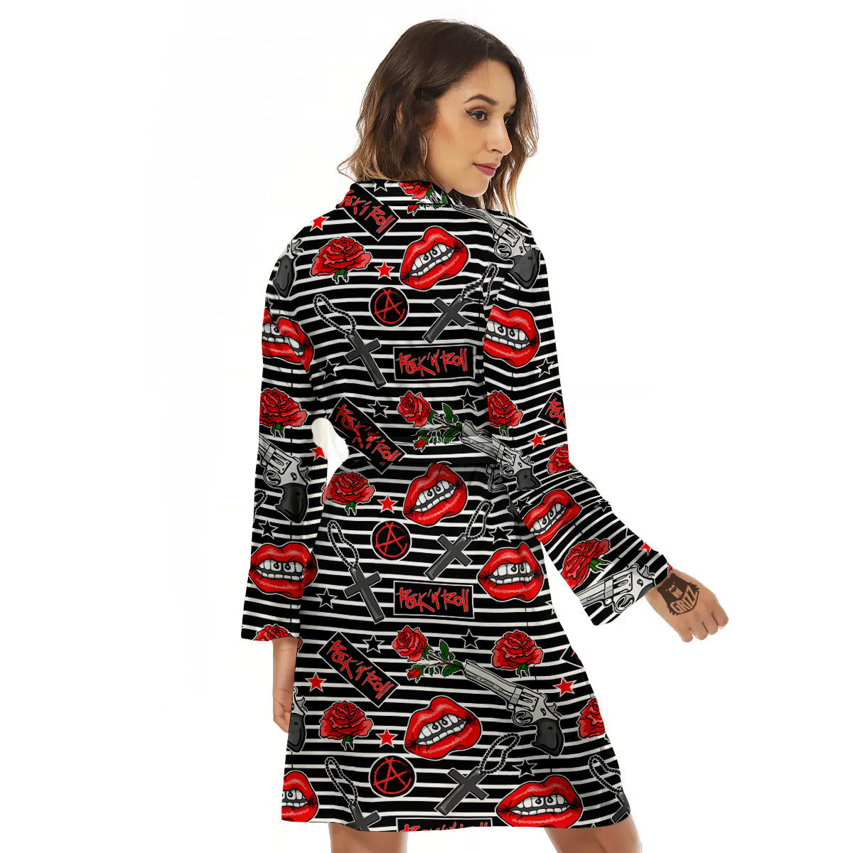 Rock’N’Roll Stiped Black White Print Pattern Women's Robe-grizzshop